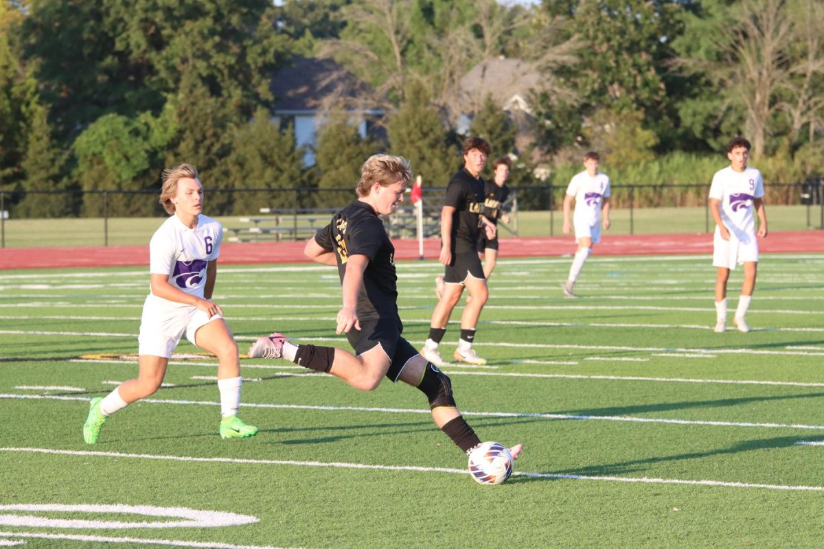 Senior center-back Braxton Lawhorn clears the ball toward the offense. After missing his junior season, Lawhorn played in a close 0-1 loss against Eureka, Sept 17, 2024.