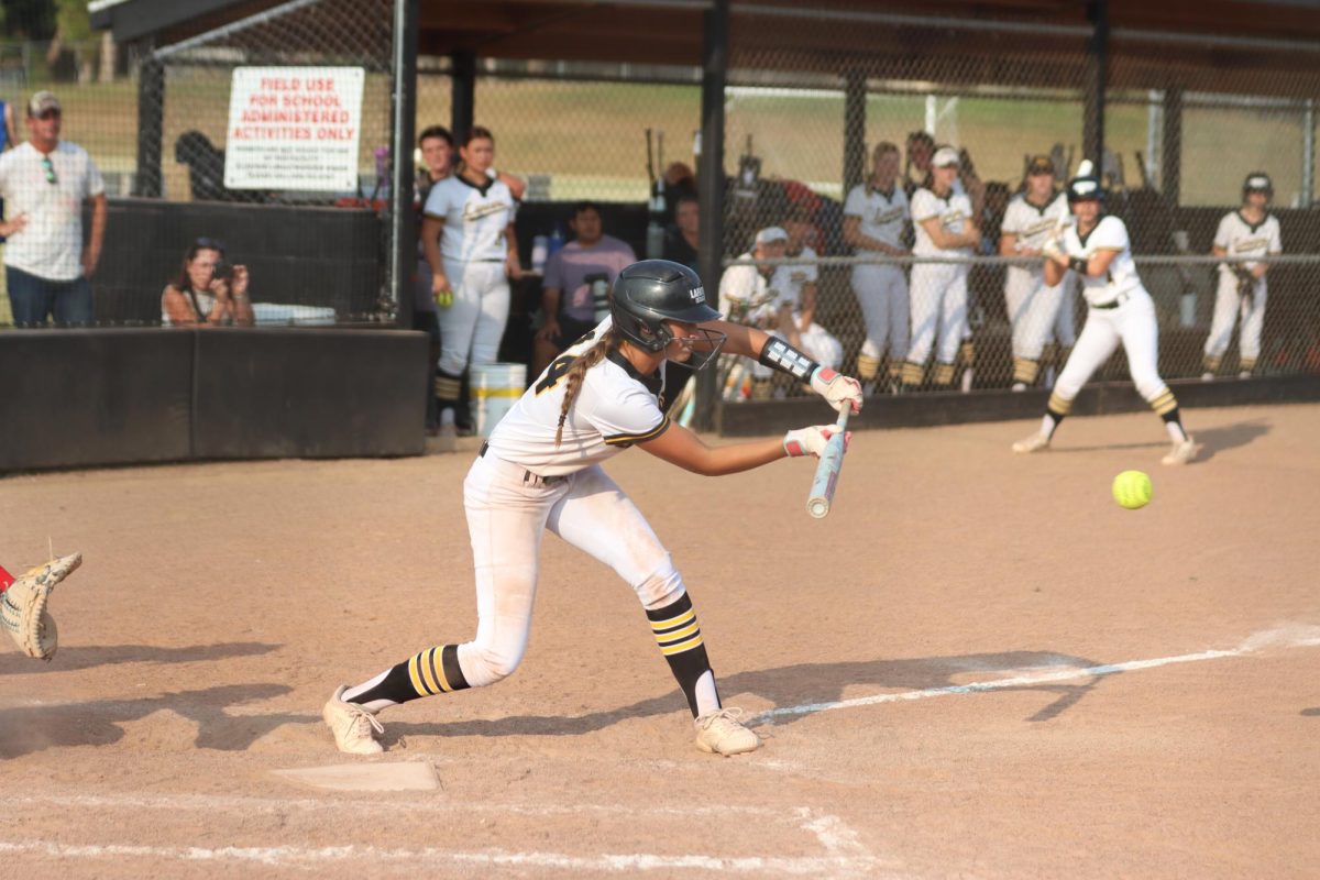 Sophomore batter Sidney Vogt attempts to bunt. This game was against Parkway West, Sept 10, 2024.