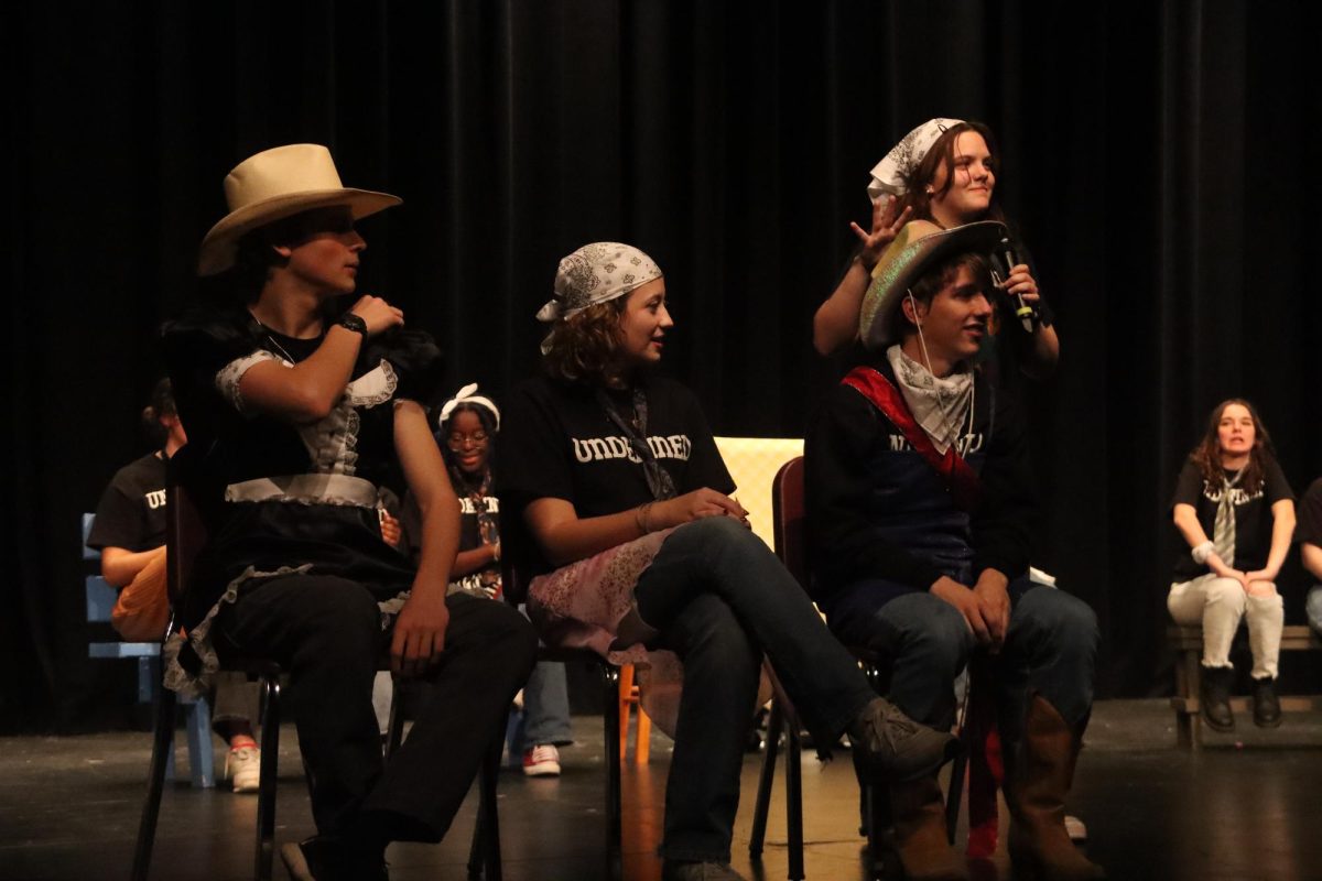 After "Swinging Pendelum of Death" the Ranch Dressers take the stage to play "Dating Game," which simulated a dating show. Senior captain Payton Skipton was the host, and the three contestants were sophomores Henry Goertz and Mary Kirtley, as well as senior Blake Jaycox.