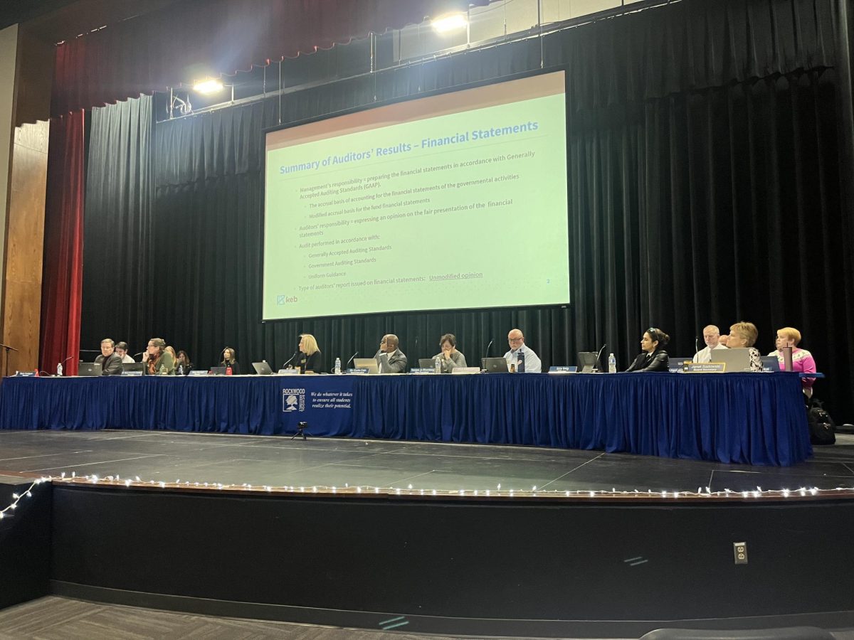 At the Dec. 17 Board of Education meeting following RNEA members' rejection of Rockwood's proposed contract, district officials give a budget presentation.