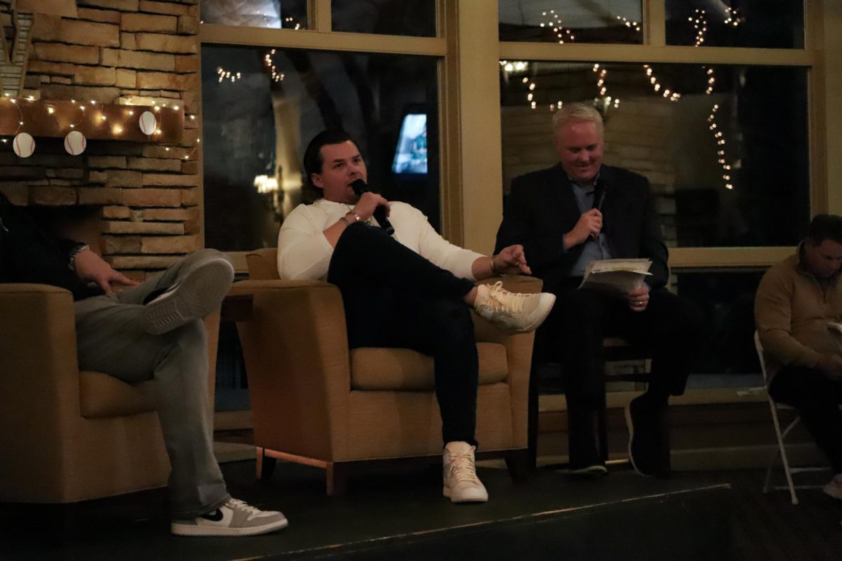 Luke Voit speaks on his first major league hit with moderator, Martin Kilcoyne, at Persimmon Woods Golf Club on Friday Jan. 10.