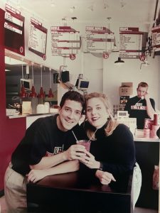To commemorate the opening of Crazy Bowls & Wraps, Gail and Keith Kitsis take a photo in their restaurant in 1999.