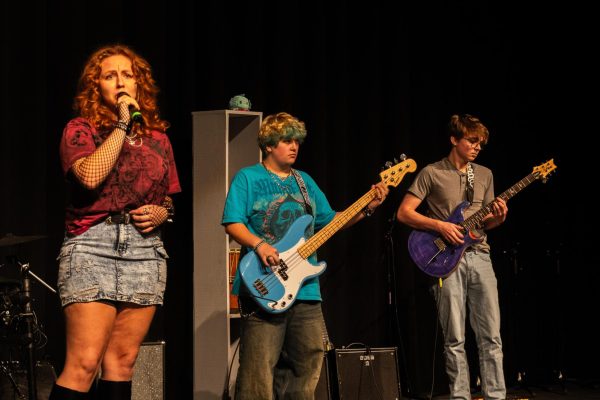 Senior Kylie Wilkerson, junior Luke Matheus, and senior Baz Dignam, pictured left to right with Wednesday Jam band at the Acoustic Variety show Thursday, November 13, 2025