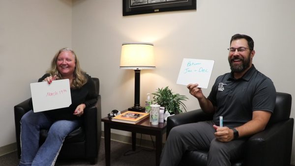 Junior principal, Matthew Borzillo, and administrative assistant, Diana Kramel, test their knowledge of one another for National Principal Month 