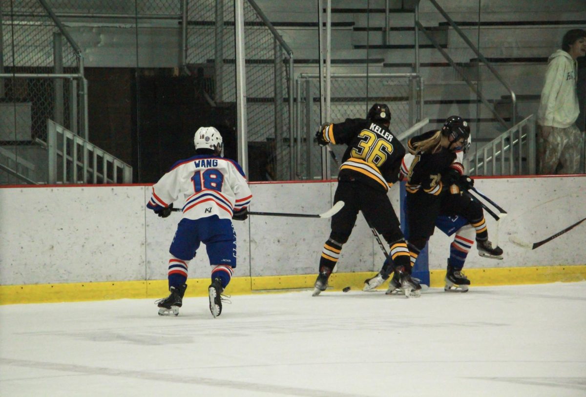 As junior forward Aaron Keller reaches for the puck, senior forward Addison Long blocks an opponent. Keller tallied one assist on Tuesday night.