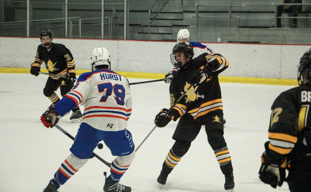 Fighting for the puck, sophomore forward Quinn Thomas faces off with an opponent. Thomas played in all 22 of Lafayette's games this season.