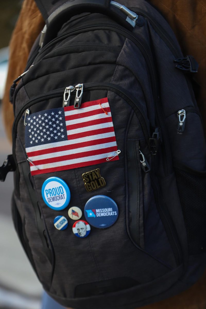 Representing his political views, freshman William Webb puts buttons and pins on his backpack. "I added those pins, quite simply, to create a fun appearance while still showing that we weren't just kids who walked out of school, [but that] we are politically aware young people fighting for what we believed in," Webb said.