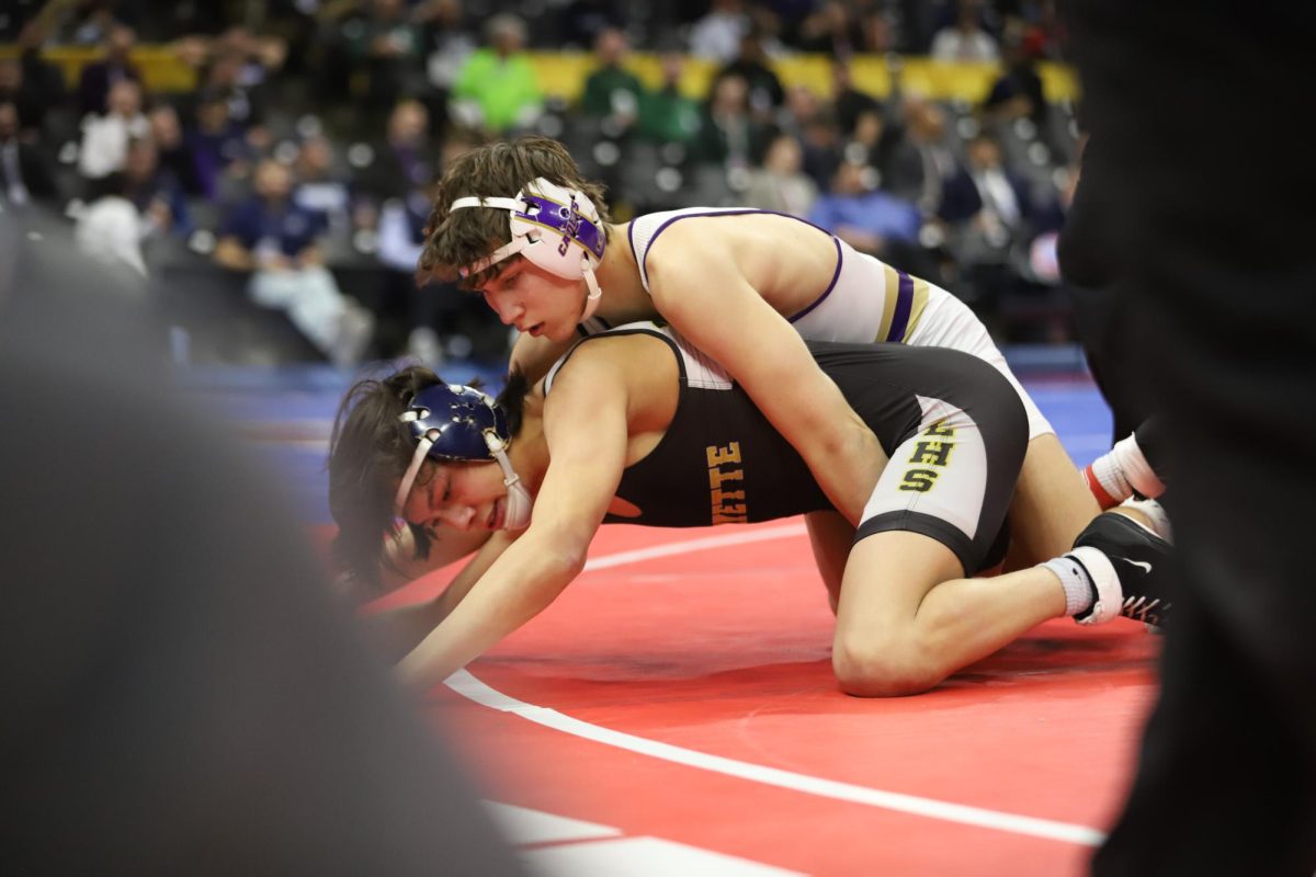 In the consolation semifinal of the 132 weight class, junior Caleb Frankenberger is taken down by junior Michael Poulette of Christian Brothers College High School. Frankenberger lost the bout by a 3-2 decision.
