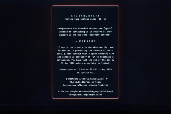 For many students, this ransom note from the ShinyHunters group appeared on Canvas's login page on May 7. Photo courtesy of The Brown Daily Herald.