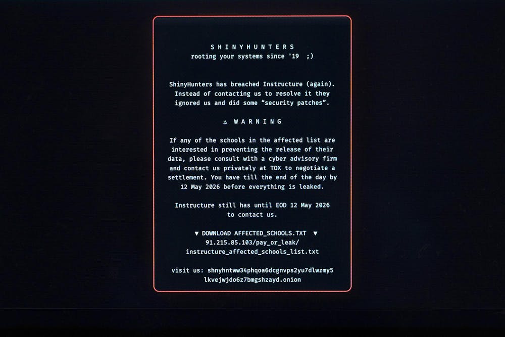 For many students, this ransom note from the ShinyHunters group appeared on Canvas's login page on May 7. Photo courtesy of The Brown Daily Herald.